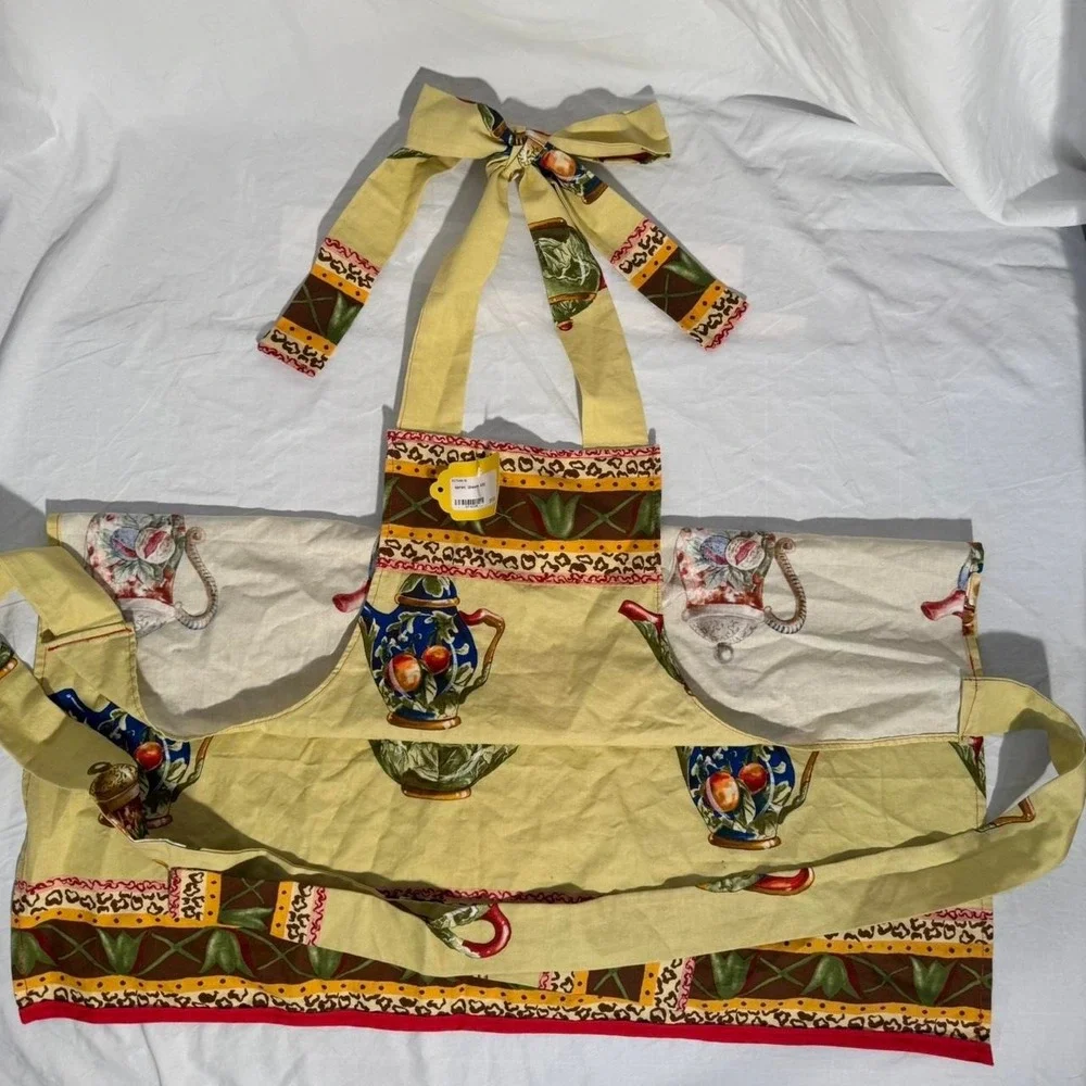 Vintage HANDMADE Apron Womens Yellow Teapot Print with Red Hem New With Tags